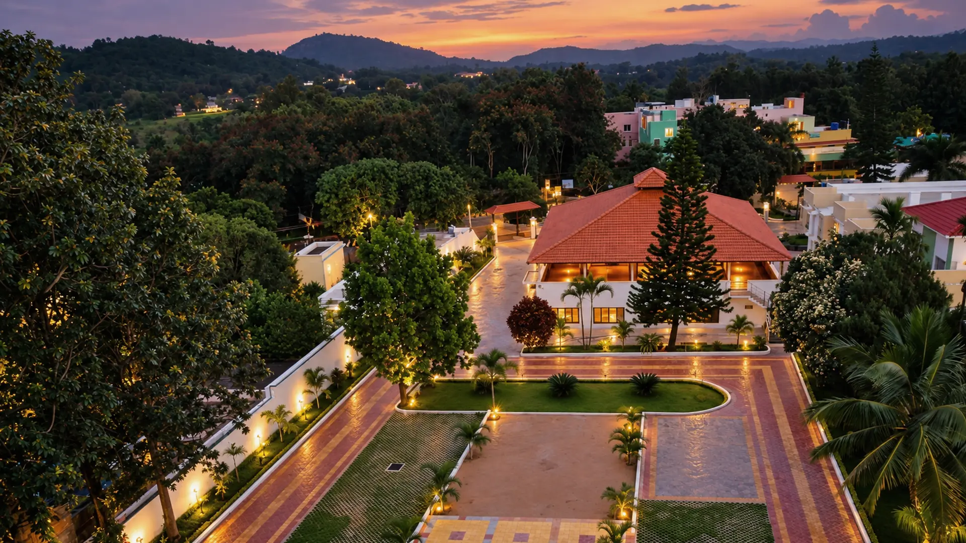 The campus from above at dusk, the first lights on