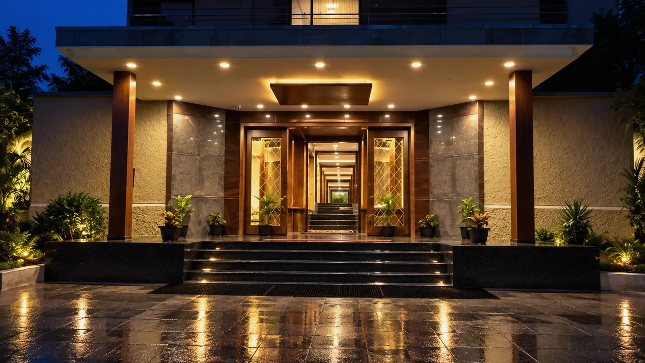 The entrance of Hotel Hills Yelagiri at night