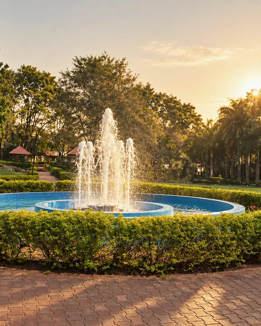 The fountain in its circle of hedge in the garden