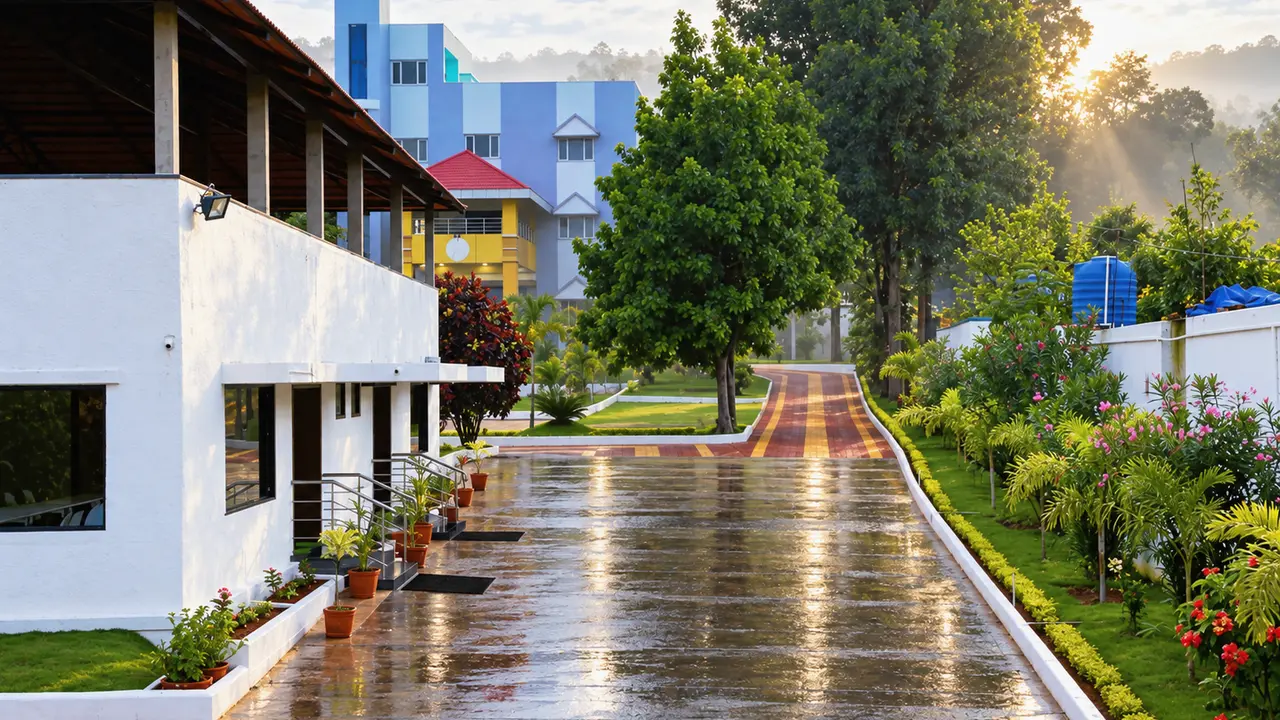 The drive between the room blocks after rain