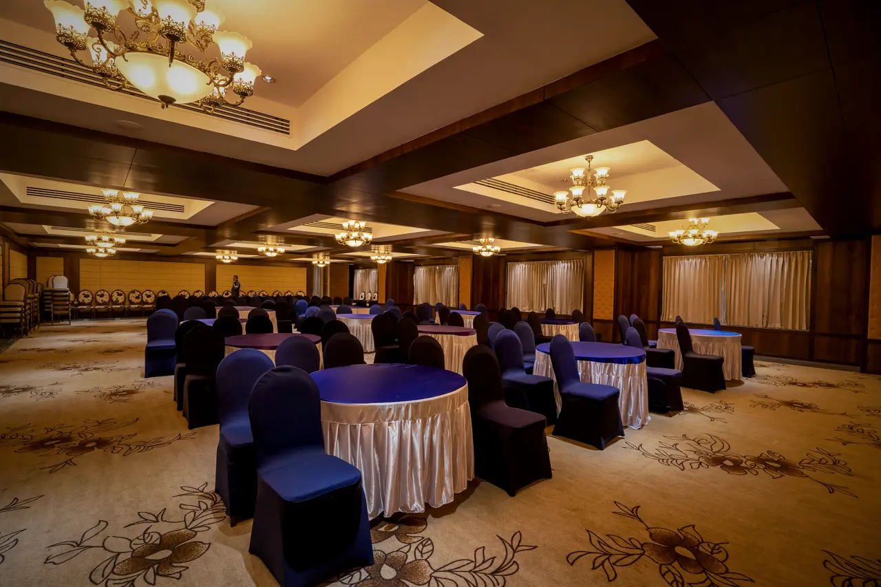 The convention hall at Hotel Hills Hosur, set for a dinner