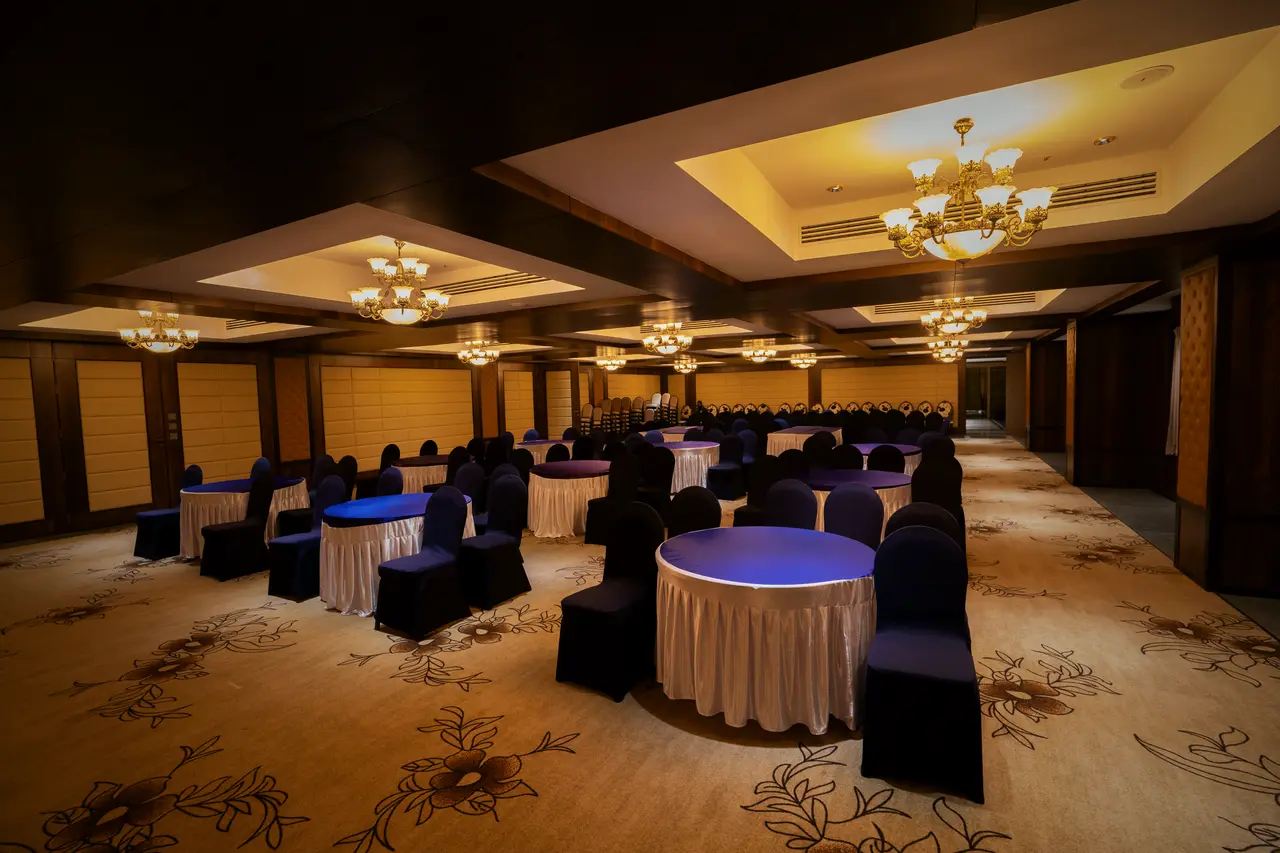 The convention hall along its panelled side wall