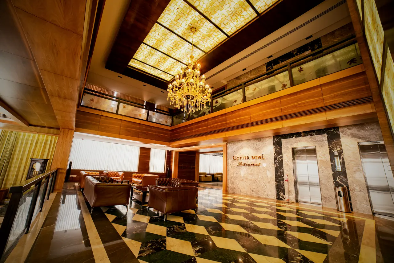 The double height lounge outside the hall