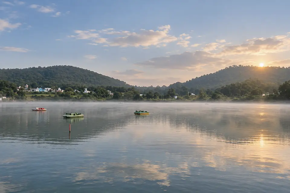 Punganur Lake at dawn, mist on the water and the hills behind