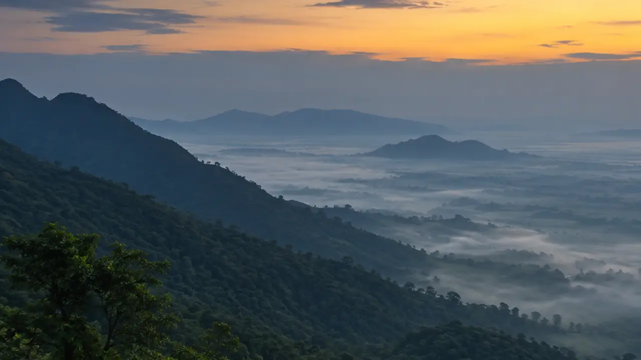 The valley below the hills at dusk, in this region of Tamil Nadu