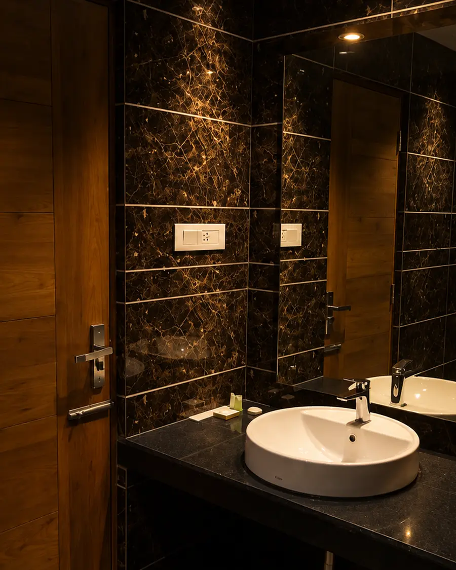 A bathroom at Hotel Hills Tirupattur: a counter basin on dark marble, a mirror above it, and a glazed shower beyond