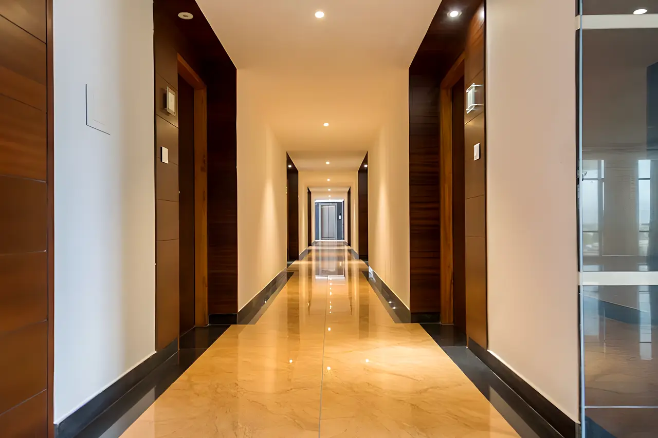 A guest corridor at Hotel Hills Tirupattur