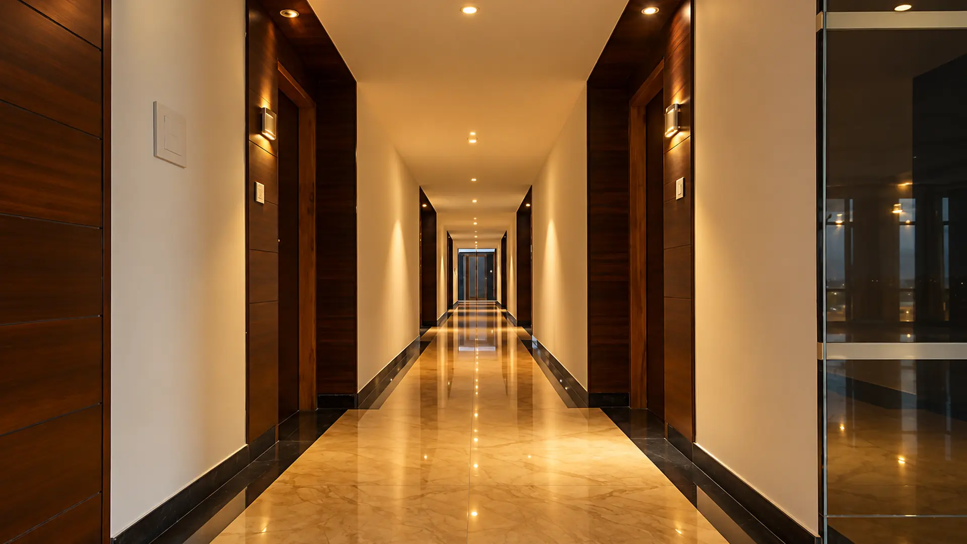The guest corridor at Hotel Hills Tirupattur: timber doors down both walls, warm downlights, and a polished floor running away from the camera
