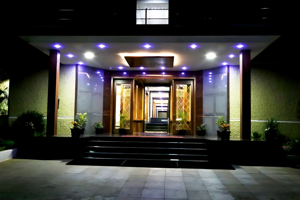 The entrance at night
